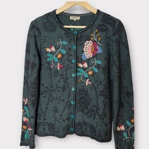 IVKO 100% Wool Embroidered Floral Flower Cardigan Sweater Size 40
